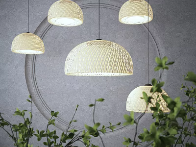 Modern Woven Pendant Lights Hanging Over Gray Wall With Circular Decor And Green Plants 3d model