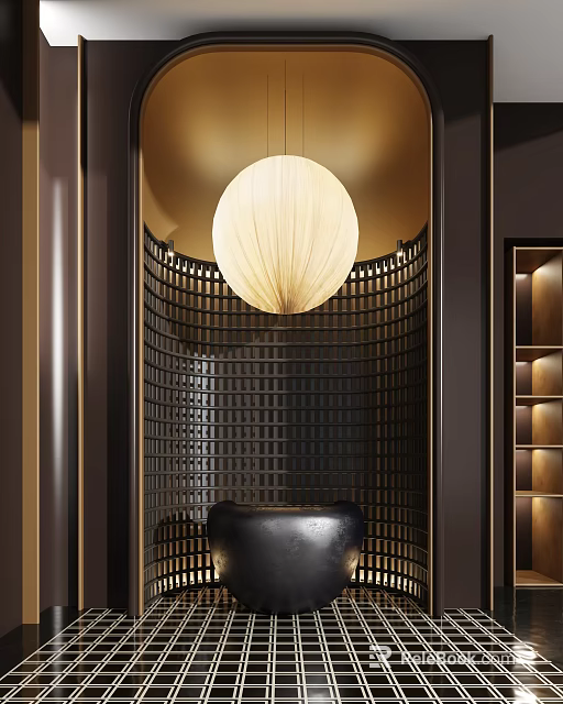 Modern Luxury Front Desk Reception Area With Round Pendant Light And Grid Backdrop 3d model 