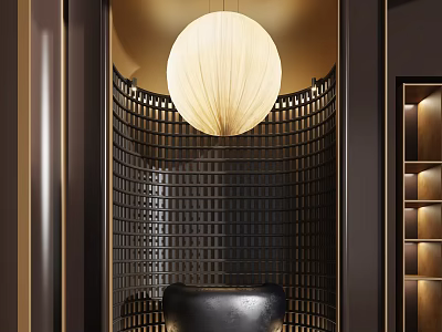Modern Luxury Front Desk Reception Area With Round Pendant Light And Grid Backdrop 3d model