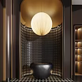 Modern Luxury Front Desk Reception Area With Round Pendant Light And Grid Backdrop