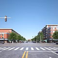 Bustling Commercial Street at Crossroads with Red Brick Buildings Trees and Traffic Lights