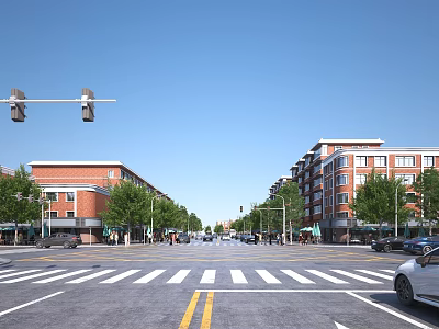 Bustling Commercial Street at Crossroads with Red Brick Buildings Trees and Traffic Lights 3d model