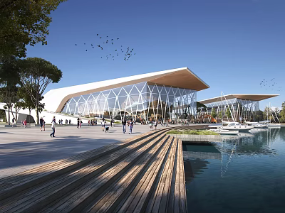 Modern Waterfront Building With Glass Facade Wooden Roof Pedestrians Boats And Trees 3d model