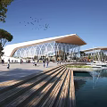 Modern Waterfront Building With Glass Facade Wooden Roof Pedestrians Boats And Trees