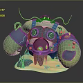 Mechanical Crab Creature With Green Body Blue Armor Sandy Base Red Star And Plants