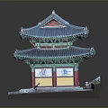 Traditional Chinese Architectural Model Featuring Blue Roof Red Pillars Yellow Decorations And Multi layered Base Platform
