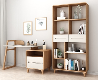 Nordic Storage Cabinet Solid Wood Desk Bookshelf 3d model