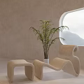 Modern Beige Curved Leisure Chair With Footstool Round Window Mountain View And Green Plant
