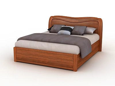 Solid Wood Double Bed with Carved Headboard Gray Bedding and Multiple Pillows 3d model