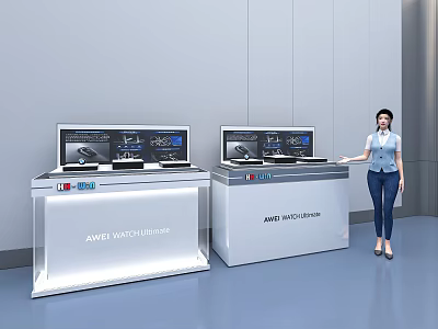 Modern Display Cabinets For Water Cleaner With Digital Screens And Staff In Exhibition Area 3d model