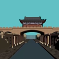 Traditional Chinese Landscape Bridge with Tower City Walls and Waterway Arch Design