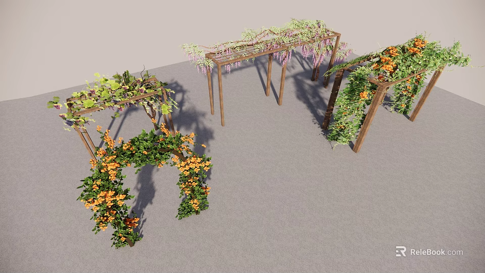 Decorative Vines Growing On Wooden Arbors And Archways With Lush Green Leaves And Orange Flowers 3d model 