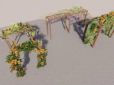 Decorative Vines Growing On Wooden Arbors And Archways With Lush Green Leaves And Orange Flowers 3d model