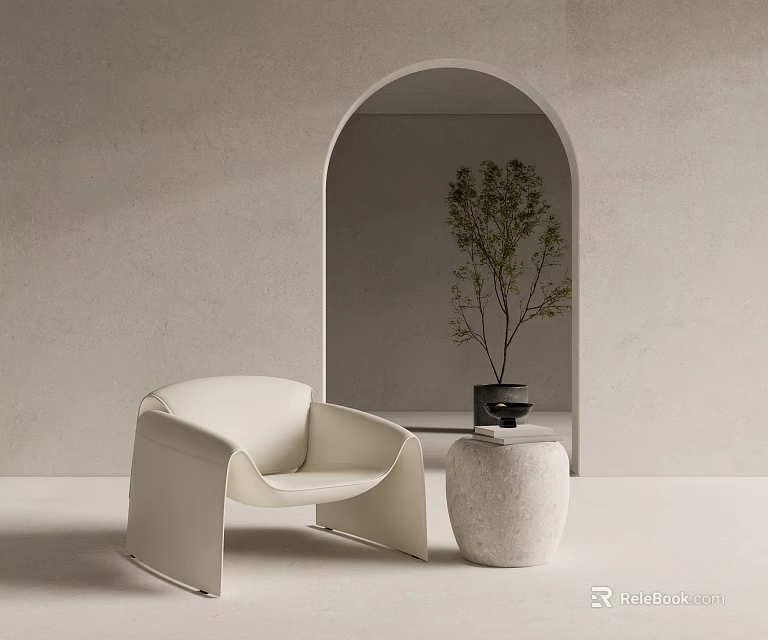 Stylish Beige Leisure Chair With Stone Side Table Near Arched Doorway Accompanied By Green Plant 3d model 