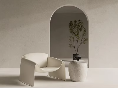 Stylish Beige Leisure Chair With Stone Side Table Near Arched Doorway Accompanied By Green Plant 3d model