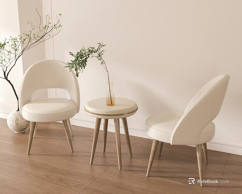 Cozy Corner With Beige Chairs Small Round Table And Potted Plant On Wooden Floor 3d model 