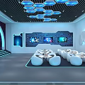 Futuristic Lounge Interior With White Curved Sofas Round Tables And Blue Hexagonal Lights 3d model