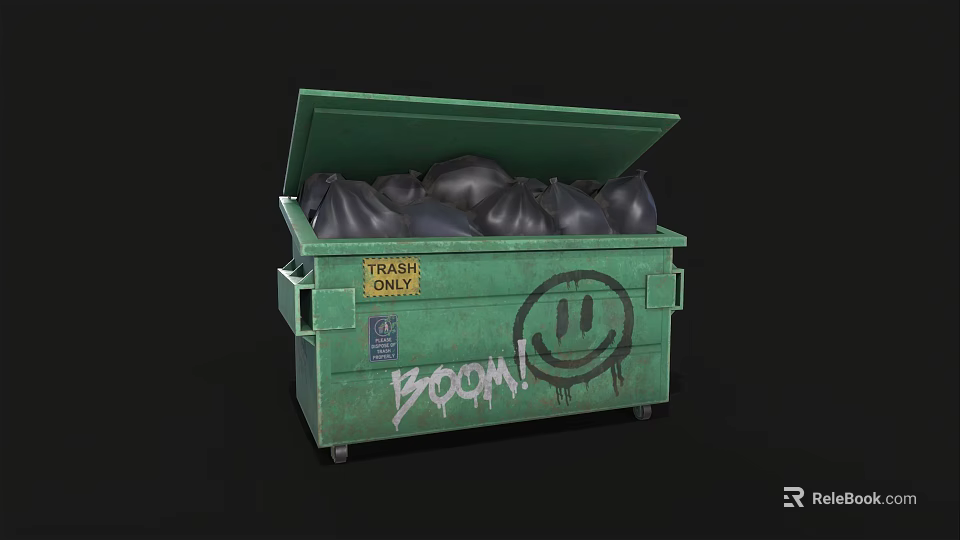 Green Household Trash Bin With Open Lid Black Garbage Bags And Boom Graffiti Smiley Face 3d model 
