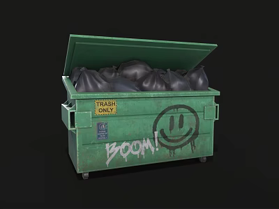 Green Household Trash Bin With Open Lid Black Garbage Bags And Boom Graffiti Smiley Face 3d model