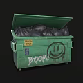Green Household Trash Bin With Open Lid Black Garbage Bags And Boom Graffiti Smiley Face