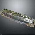 Abandoned Shipwreck Hull Structure With Green Rust And Weathered Metal