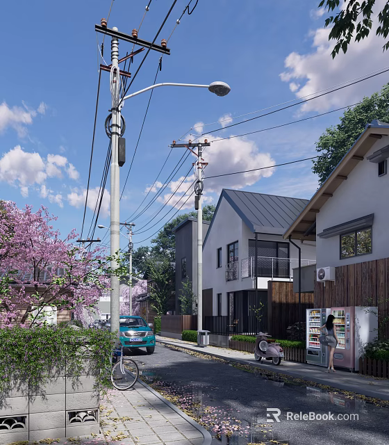 Commercial Street with Modern Buildings Cherry Blossom Trees Street Lamps Vending Machine and Blue Car 3d model 