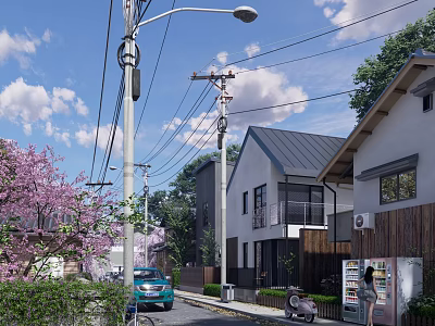 Commercial Street with Modern Buildings Cherry Blossom Trees Street Lamps Vending Machine and Blue Car 3d model