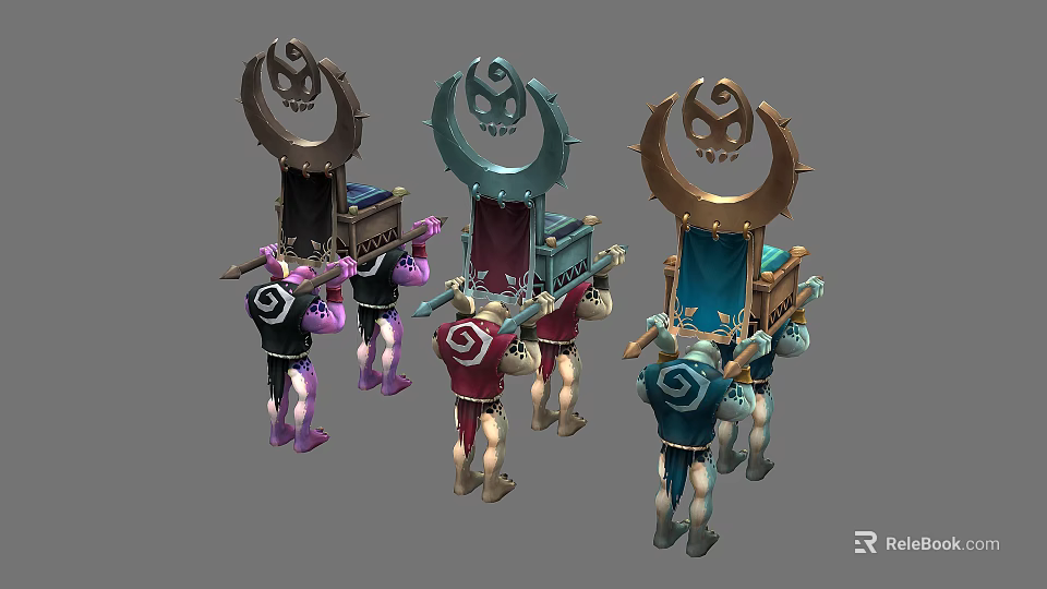 Three Colorful Creatures Lifting Ornate Structures With Moon Skull Symbols 3d model 