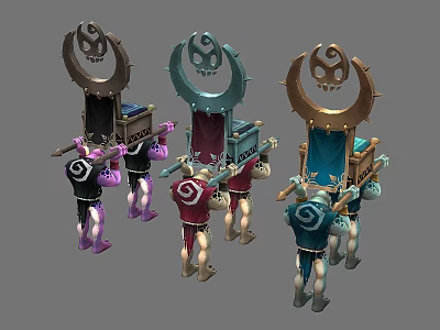 Three Colorful Creatures Lifting Ornate Structures With Moon Skull Symbols 3d model