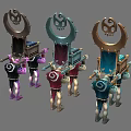 Three Colorful Creatures Lifting Ornate Structures With Moon Skull Symbols