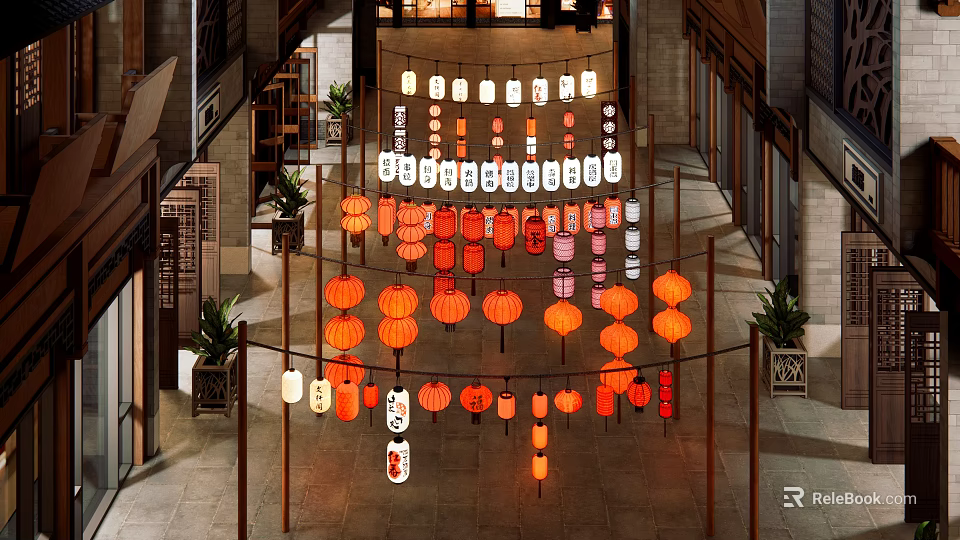Traditional Chinese Lanterns Hanging In Interior Corridor With Colorful Designs Various Styles And Wooden Frames 3d model 