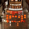 Traditional Chinese Lanterns Hanging In Interior Corridor With Colorful Designs Various Styles And Wooden Frames