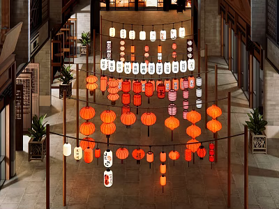 Traditional Chinese Lanterns Hanging In Interior Corridor With Colorful Designs Various Styles And Wooden Frames 3d model