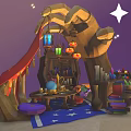 Whimsical Cartoon Scene Inside Snow Globe With Hand Shaped Workshop Magic Items And Stars