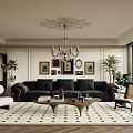 Elegant Living Room Interior With Dark Sofa Wooden Coffee Table Herringbone Rug And Chandelier