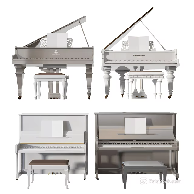 Elegant Musical Instruments Collection Featuring Grand And Upright Pianos With Stools 3d model