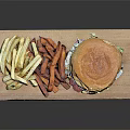 Juicy Burger With Crispy Regular And Sweet Potato Fries Served On Wooden Cutting Board