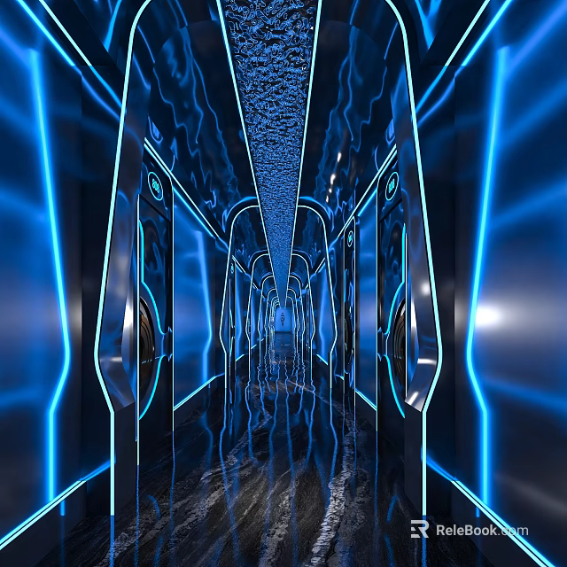 KTV Corridor in Modern Tech Style with Blue Neon Lights Reflective Floor and Doors 3d model 