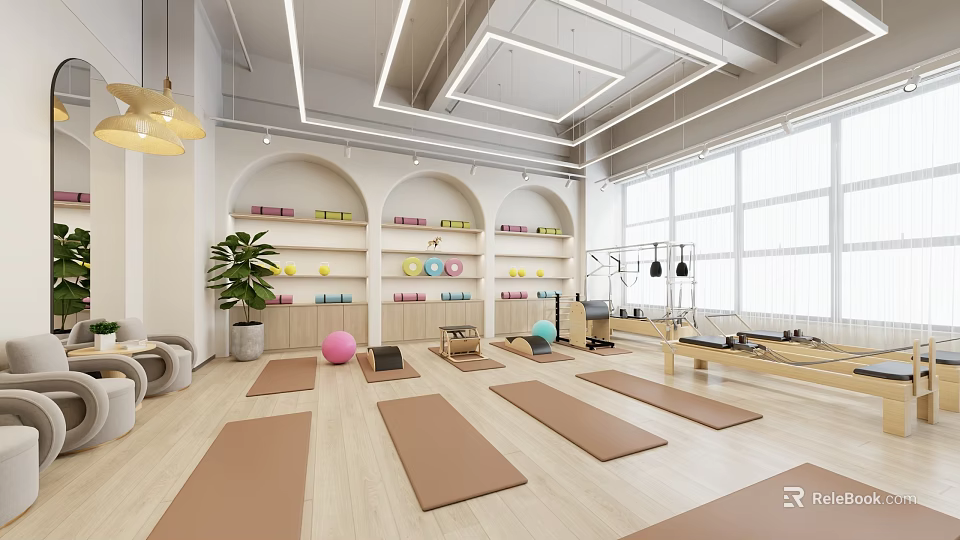 Modern Yoga Fitness Studio With Yoga Mats Fitness Balls Pilates Equipment Natural Light And Plants 3d model 