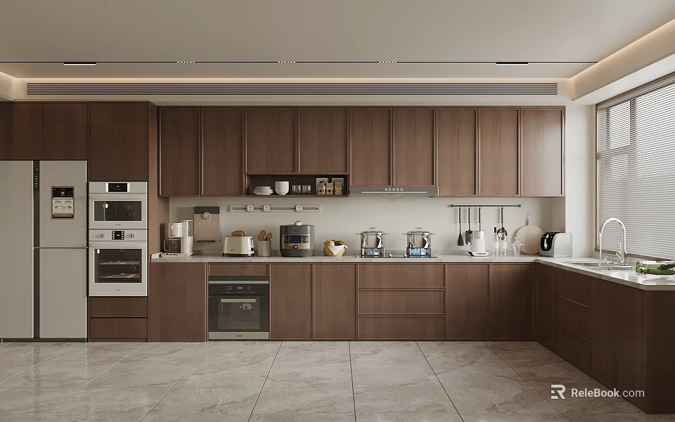 Modern Kitchen Interior Design With Dark Brown Cabinets Appliances Countertop And Natural Light 3d model 