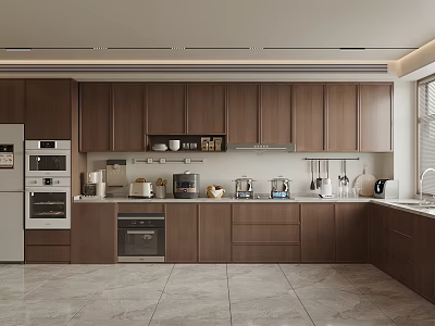 Modern Kitchen Interior Design With Dark Brown Cabinets Appliances Countertop And Natural Light 3d model