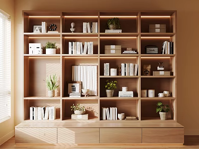 Modern Wooden Bookshelf Design With Multiple Shelves Books Potted Plants Photo Frames And Decorative Items 3d model