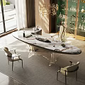 Marble Tea Table And Modern Chairs With Floor To Ceiling Windows And Chandelier