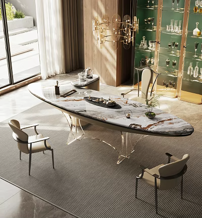Marble Tea Table And Modern Chairs With Floor To Ceiling Windows And Chandelier 3d model