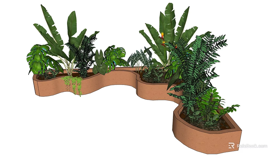 Arbor as Central Plant in Curved Planter with Lush Green Foliage and Ferns 3d model 