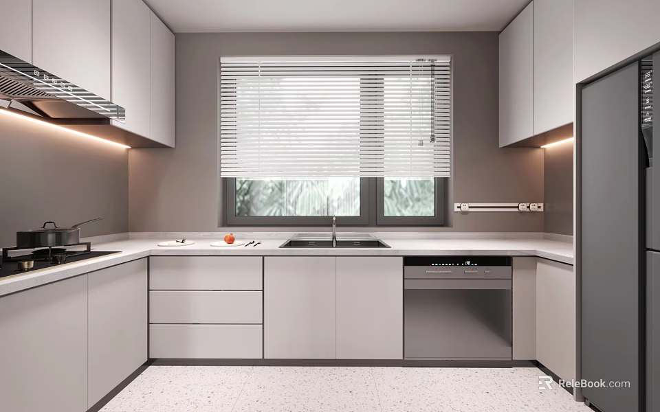 Modern Kitchen Interior Design With White Cabinets Countertop And Window Blinds Dishwasher 3d model 