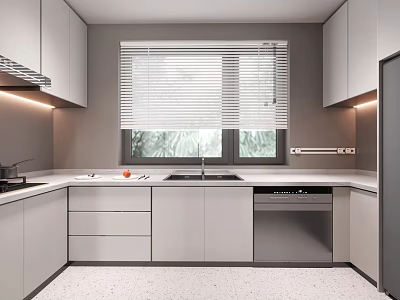 Modern Kitchen Interior Design With White Cabinets Countertop And Window Blinds Dishwasher 3d model