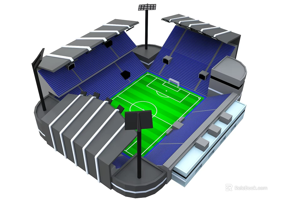 Modern Football Stadium Architecture With Blue Stands Green Pitch And Floodlights 3d model 