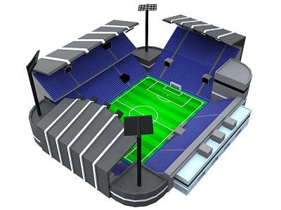 Modern Football Stadium Architecture With Blue Stands Green Pitch And Floodlights 3d model