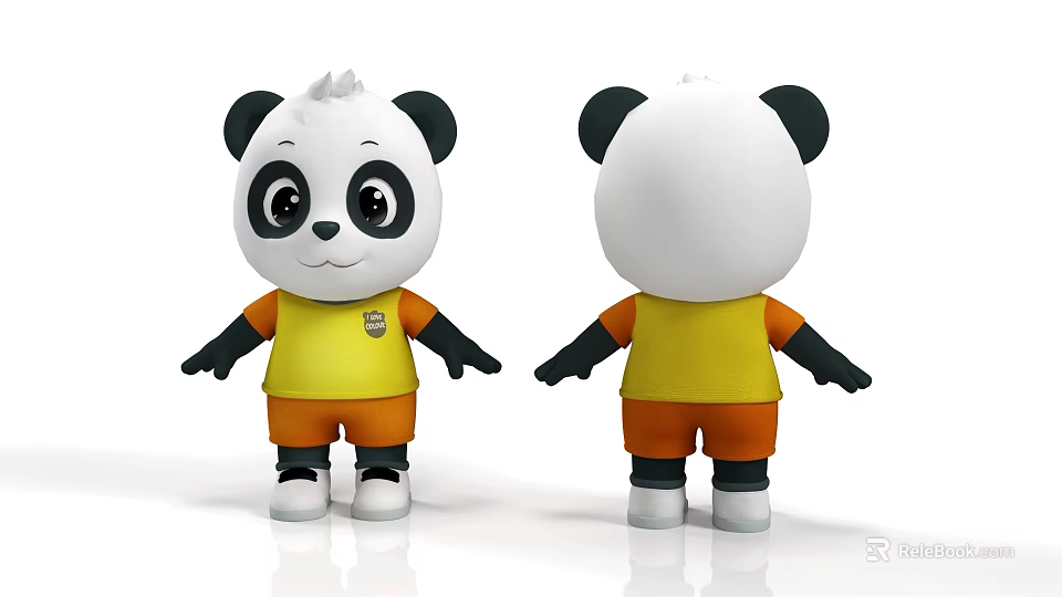 Cute Panda Doll With Yellow Shirt Orange Shorts Front And Back View 3d model 